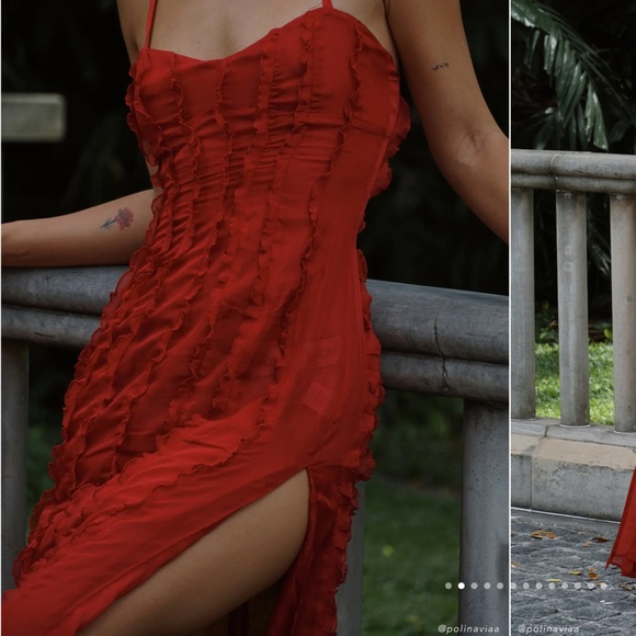 NWT Meshki Jacinta Chiffon Maxi Dress Ruffle Vermillion Red - Picture 3 of 6